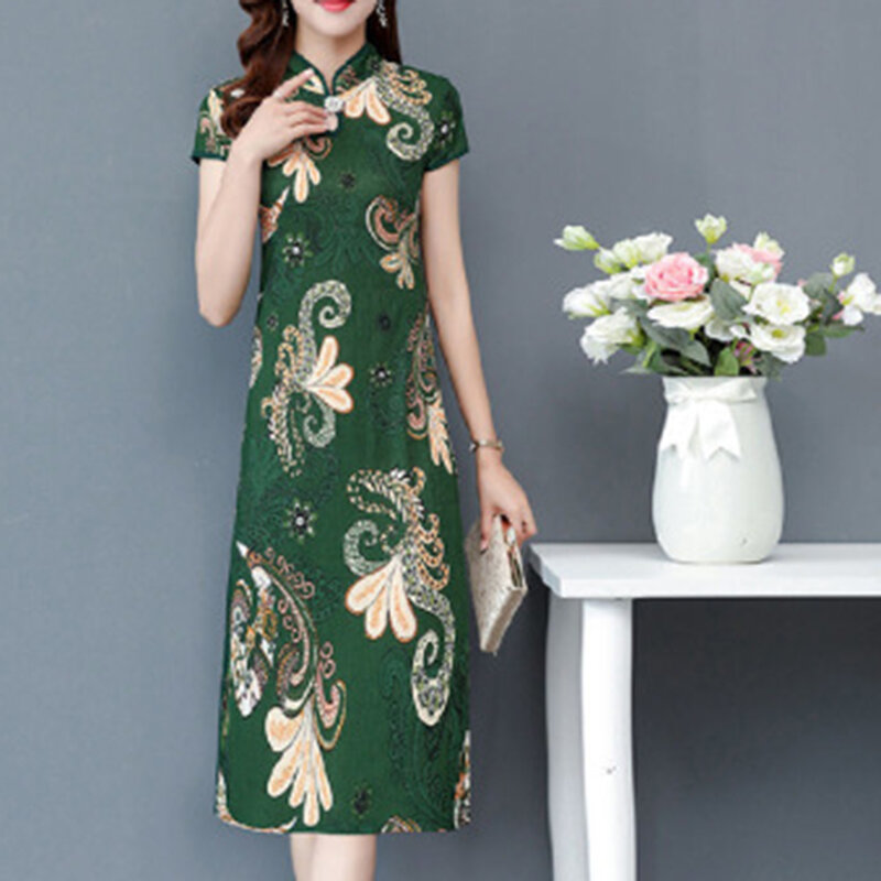 Vestido de cetim estilo nacional chinês feminino, Cheongsam sedoso, Qipao na cintura apertada, bordado floral, gola alta, vintage