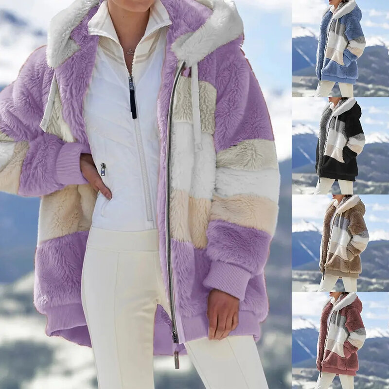 Chaqueta con capucha para mujer, abrigo holgado Retro de manga larga, con bolsillo y cremallera, de retales, de felpa, de gran tamaño, a la moda, para invierno