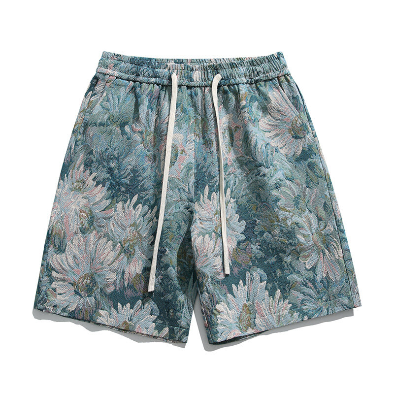 Pantalones cortos con estampado de flores para hombre, pantalón de cintura media, elástico, suelto, clásico, a la moda, combina con todo, estilo de verano, nuevo