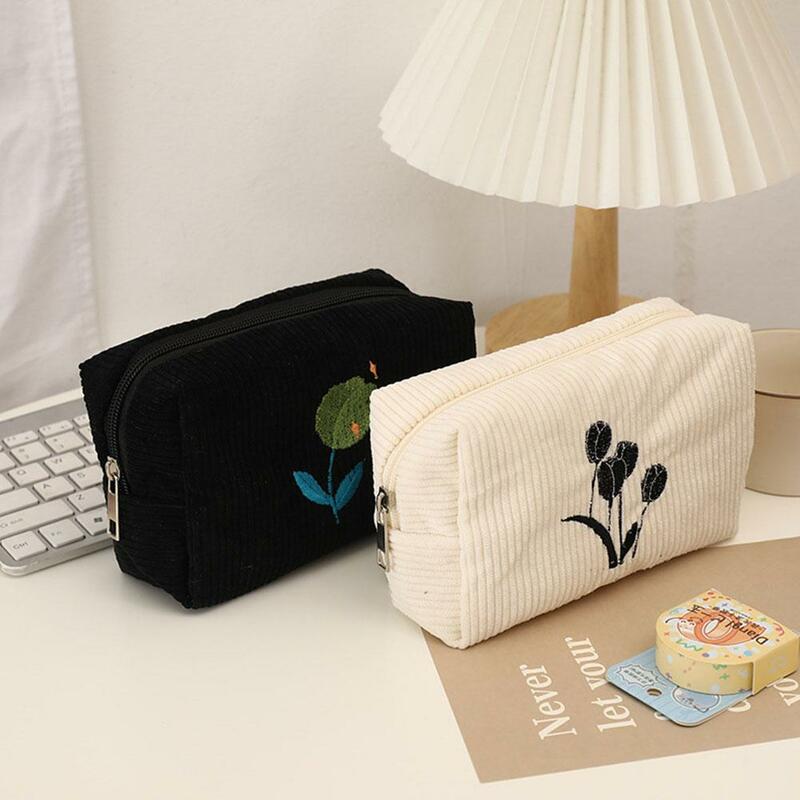 Embroidered Flower Cosmetic Bag Stationery Storage Ins Case Korean Large Pencil Bag Pencil Bags Capacity School Student Sty J0X1