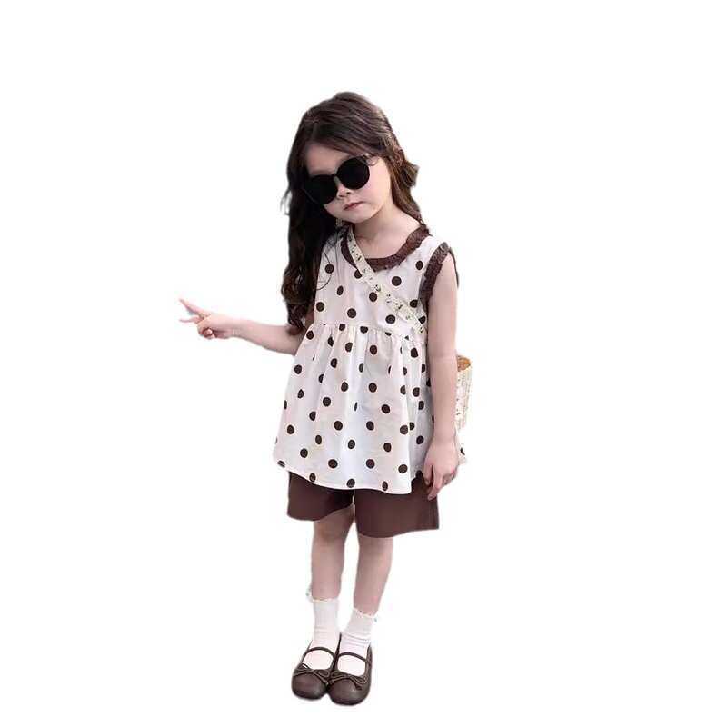 Korean Summer Infant Girl 2 Piece Clothes Set Cotton Dot Printed Tank Top Suit 2024 Loose Pure Color Shorts Toddler Girl Outfits