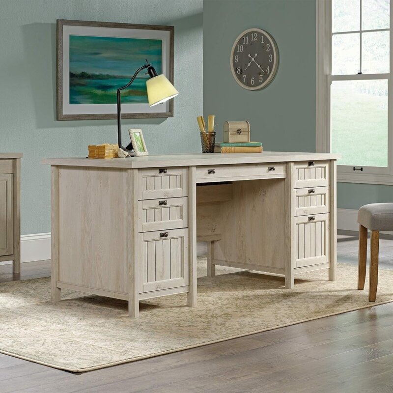 Sauder Costa Executive Desk, L: 65.12" X W: 29.53" X H: 30.0", Chalked Chestnut Finish Pencil Drawer and Four Storage Drawers