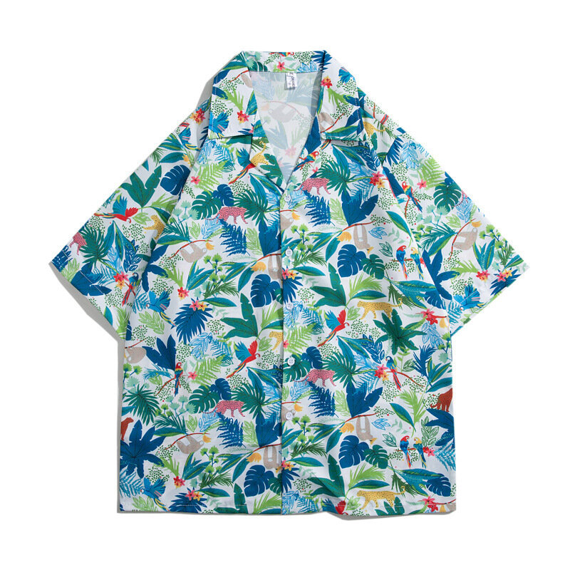 Summer Men's Flip Collar Short Sleeve Casual Printed Shirt Fashion Loose Vintage Hawaiian Beach Holiday Floral Shirt Jacket