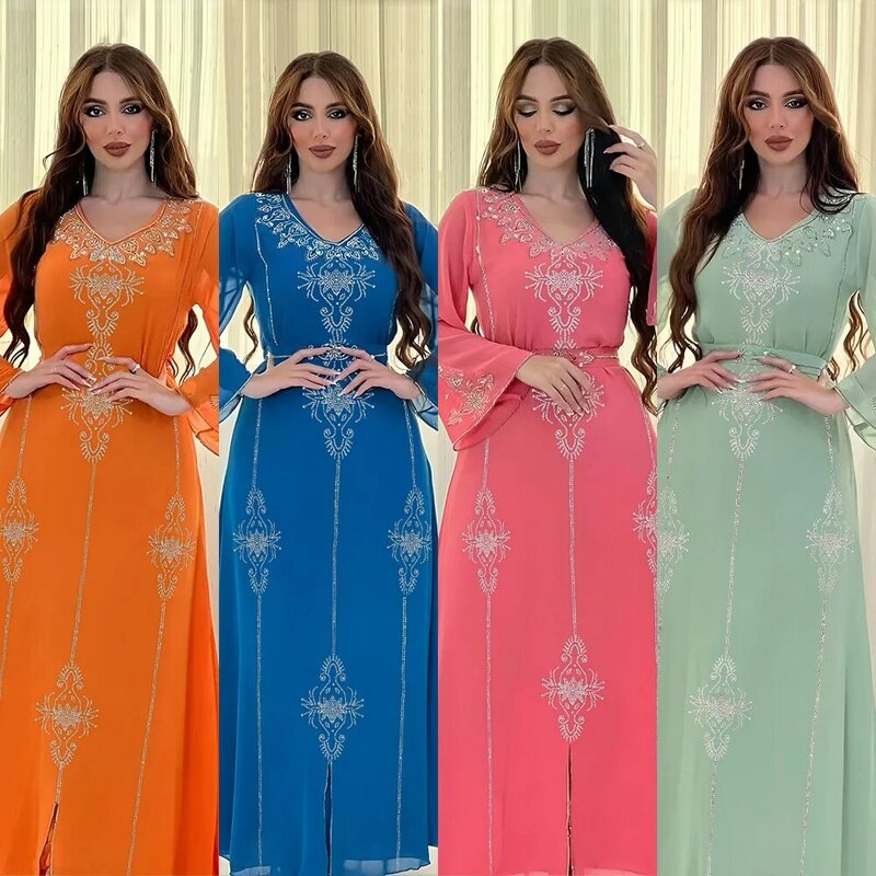 Abaya Muslim poliester untuk wanita musim panas elegan oranye biru merah muda hijau Muslim wanita lengan panjang leher-v poliester Abaya panjang