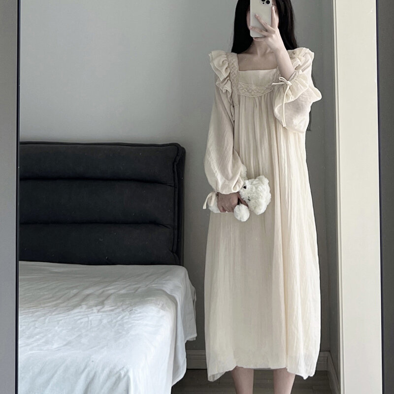 Vestido de noite feminino coreano babados, camisola de renda, pijama de primavera, manga comprida, gola quadrada, roupa de dormir, novo, 1 peça, 2024