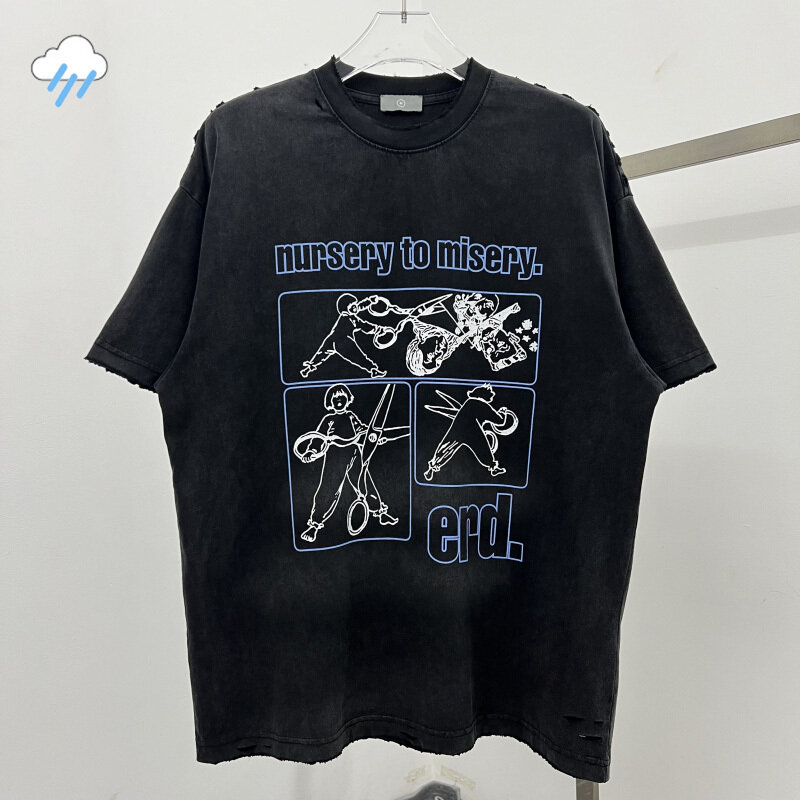24SS Hip Hop Destroy Broken Holes ERD T-Shirt Men Women Streetwear Vintage Washed Black Tee Tops Graphics Print T Shirt