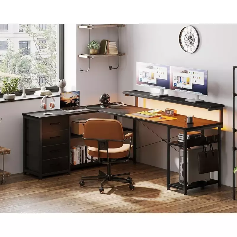 L字型デスク,オフィス家具,電源ソケットとLEDライト付き,ディスプレイラック,ピュアブラック