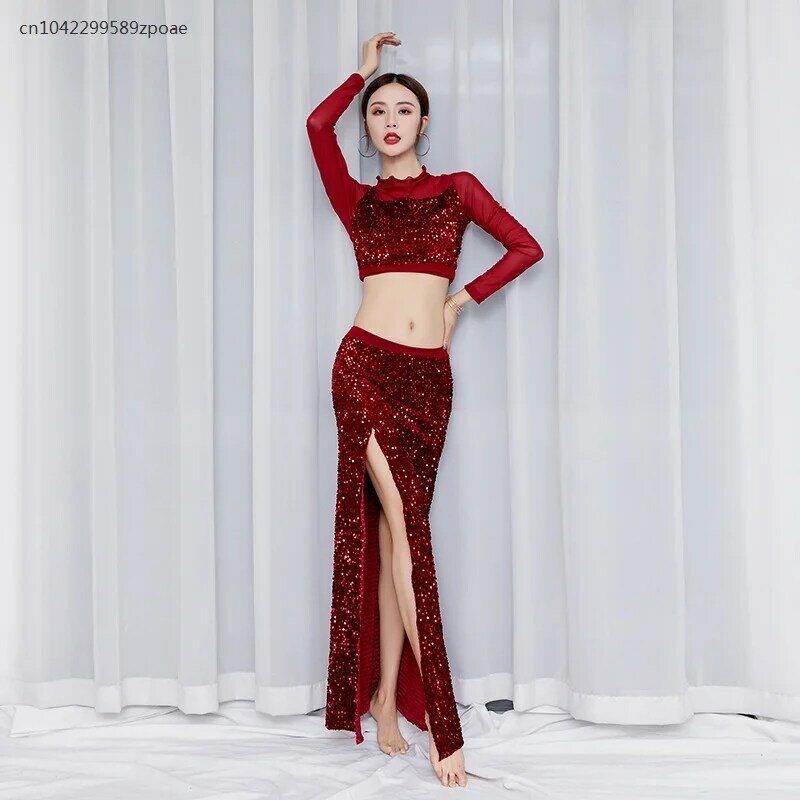 Belly Dance Practice Clothes 2024 New Autumn And Winter Long sleeved Dance Performance Clothes Heavy Industry Sequin Suit Long