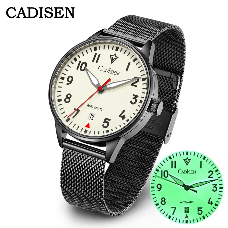 CADISEN 남성용 오토매틱 시계, 야광 스테인레스 스틸, 셀프 와인드 손목시계, NH35A, 사파이어 방수, 메쉬 벨트, 기계식 시계