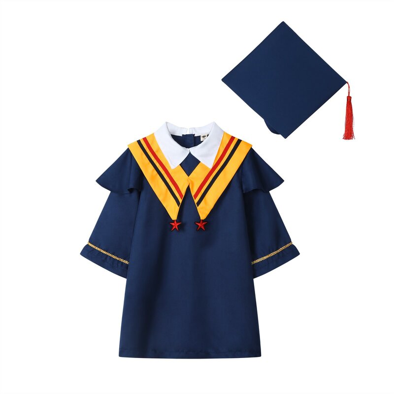 어린이 졸업 가운 어린이 학사복, 학교 학생 유니폼, 여아 원피스 세트, 모자 아기 공연 의류