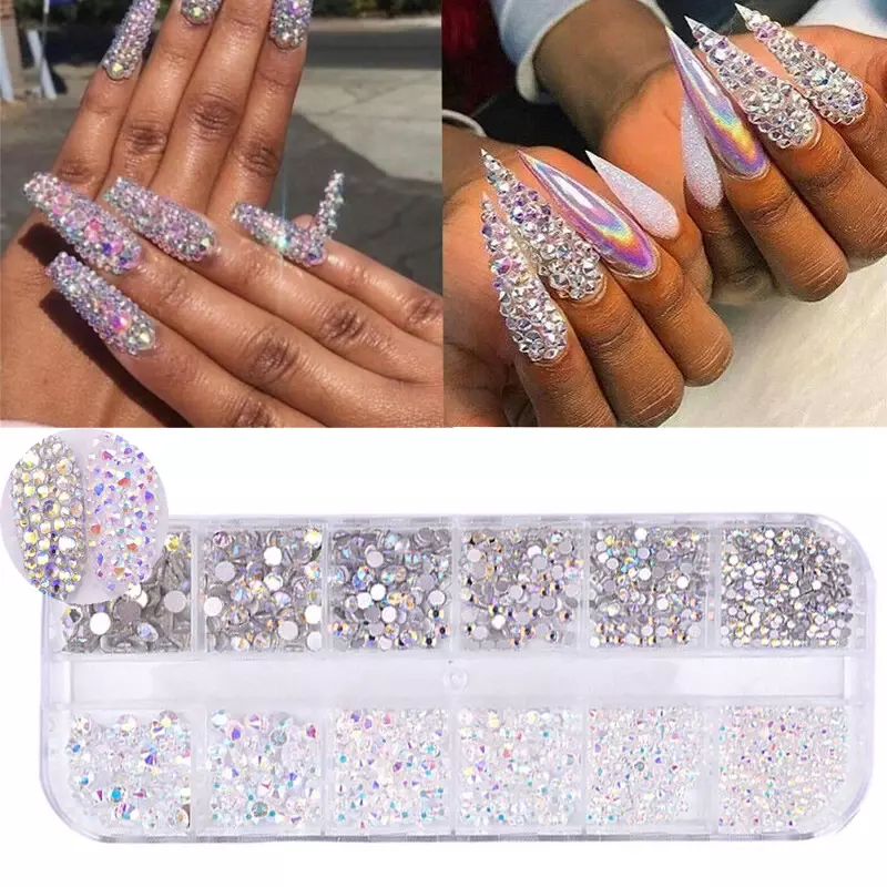 12 scatole/set di AB cristallo strass diamante gemma 3D glitter nail art decorazione bellezza