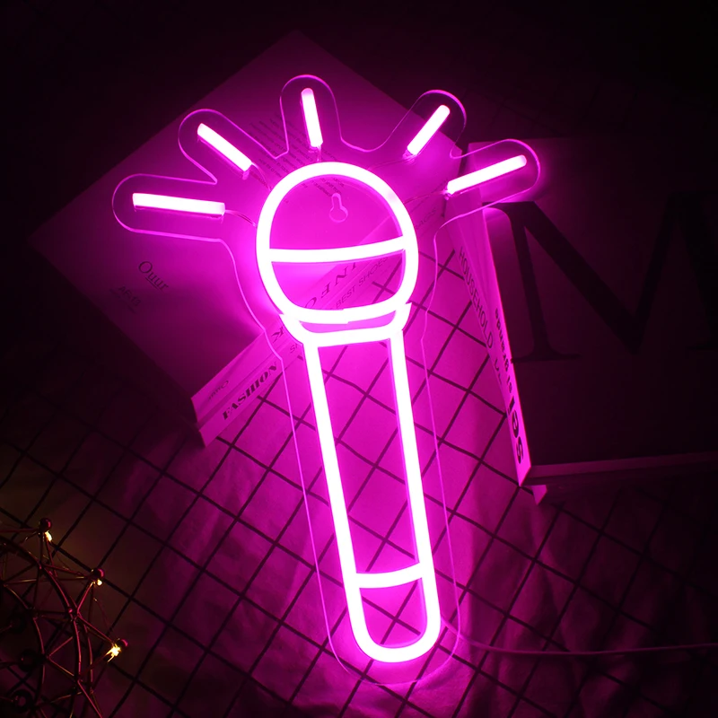 Sinal de néon LED com microfone design, lâmpadas de noite rosa USB com interruptor, arte da parede, luz pendurada para loja, casa, decoração do quarto, venda quente