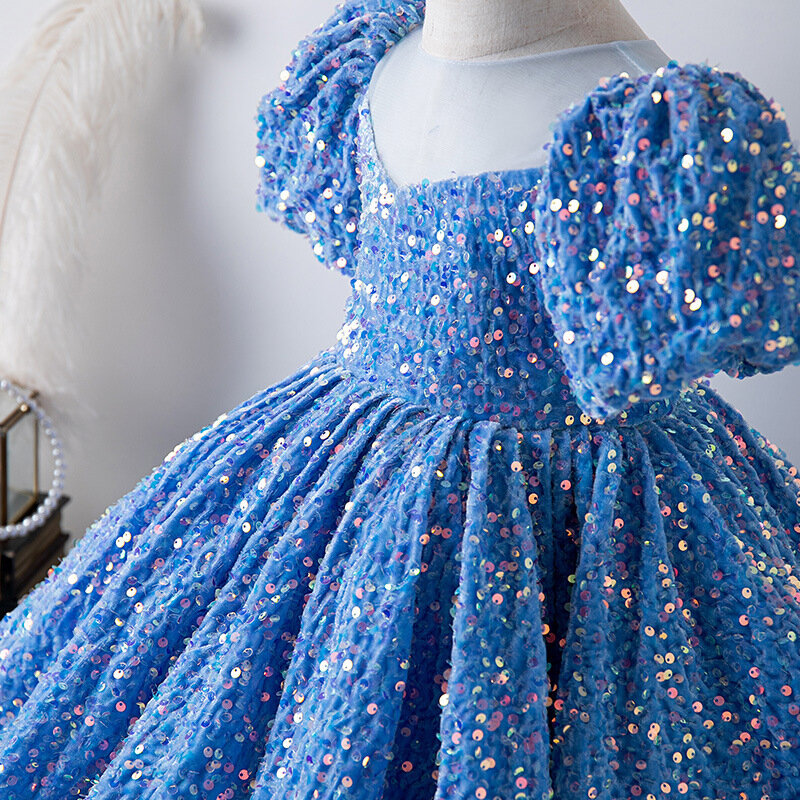 Новинка 2024, платье принцессы с блестками и рукавами-пузырьками для девочек, милое Сетчатое пушистое платье, одежда для банкета, карнавала, выступления