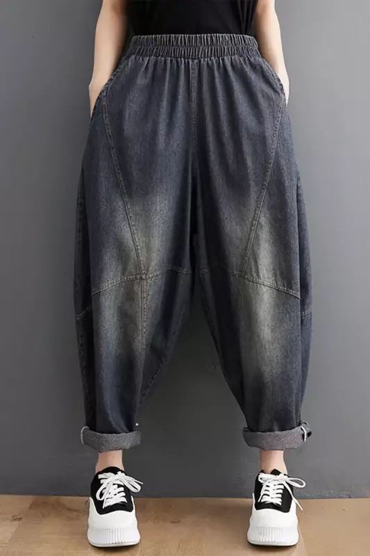 Pantalon en denim à taille élastique pour femmes, poches, jean sarouel décontracté, printemps, été, nouveau, 2024, fjLadies, S639