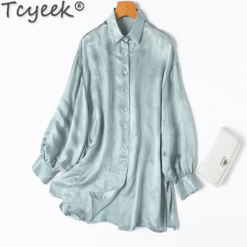 Tcyek 50% 뽕나무 실크 여성용 셔츠, 중간 길이 셔츠, 봄 여름 긴 소매 탑, 여성 루즈핏 자외선 차단 의류