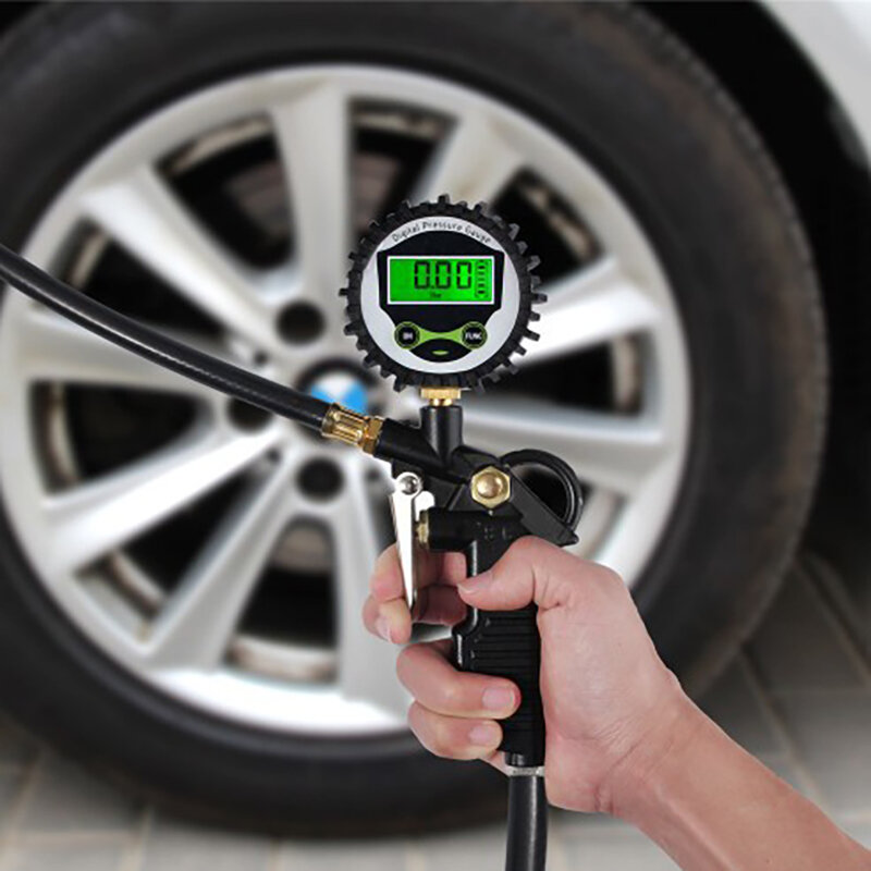 Manometer tekanan udara ban mobil, alat ukur Inflator tekanan udara tampilan LCD Digital lampu latar LED untuk kendaraan