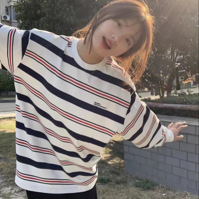 Sudadera a rayas Vintage para mujer, jersey con bordado de letras Harajuku, camiseta de manga larga de moda coreana, ropa de calle suelta, Top Y2K