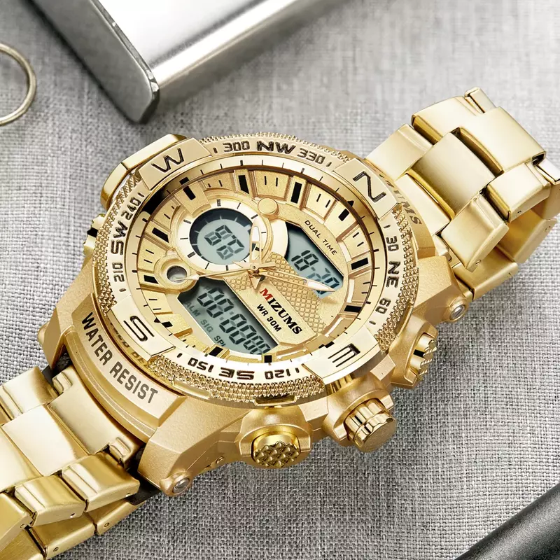 Cyfrowy zegarek kwarcowy mężczyźni sport zegarki człowiek LED wodoodporny Chrono wojskowy Relogio Masculino moda stalowo-złoty zegarek męski