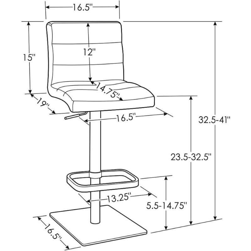 Zuri Furniture sgabello da Bar Lush nero moderno regolabile in altezza con Base quadrata spazzolata
