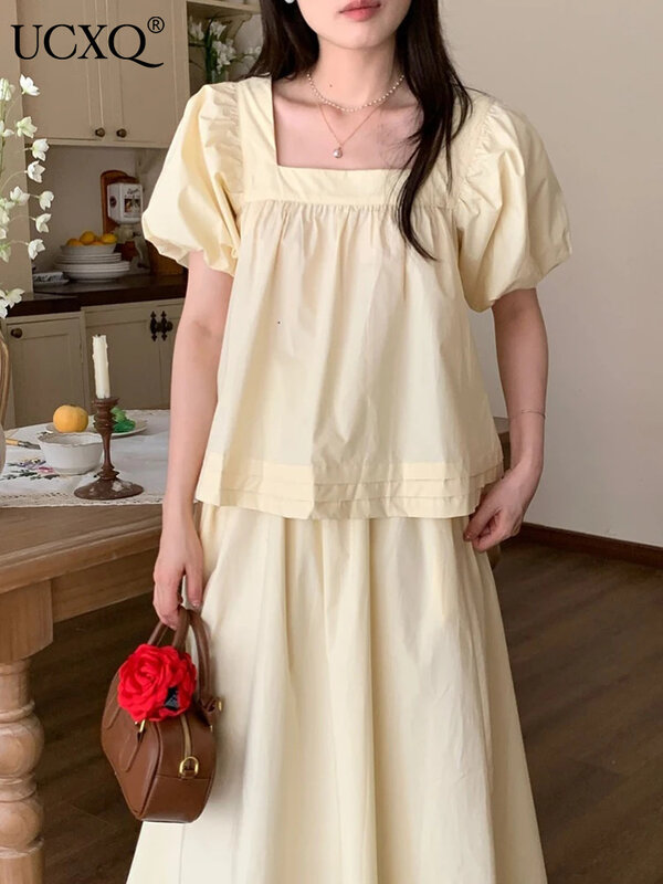 UCXQ Sweet Style Solid Color Square Neck Short Sleeve Top Elastic A-line Skirt Two-piece Set Women 2024 New Spring Summer 3A8444