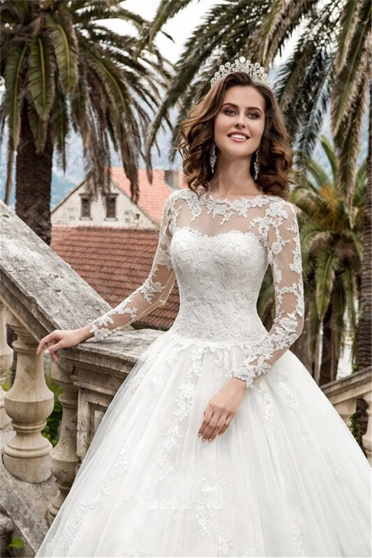 2024 See Through O-Neck Wedding Dress Long Sleeves A-Line Long Sleeves Lace Applique Tulle Bridal Ball Gowns Vestidos Para Mujer