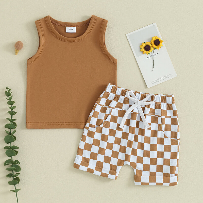 2023-12-09 lioraitiin Summer Baby Boy Clothes Solid Sleeveless Tank Top Checkered Shorts 2Pcs Outfit Set