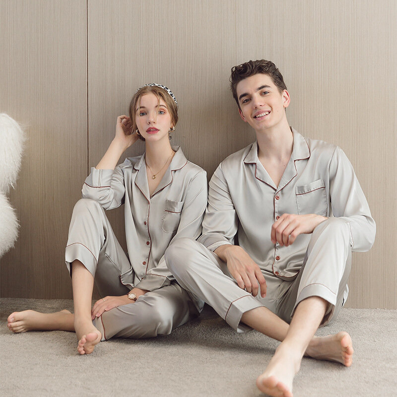 2023 New Couple Pajama Sets Turn-down Collar Ice Silk Soft Sleepwear for Young Lovers Cardigan Casual Nightwear Spring Long