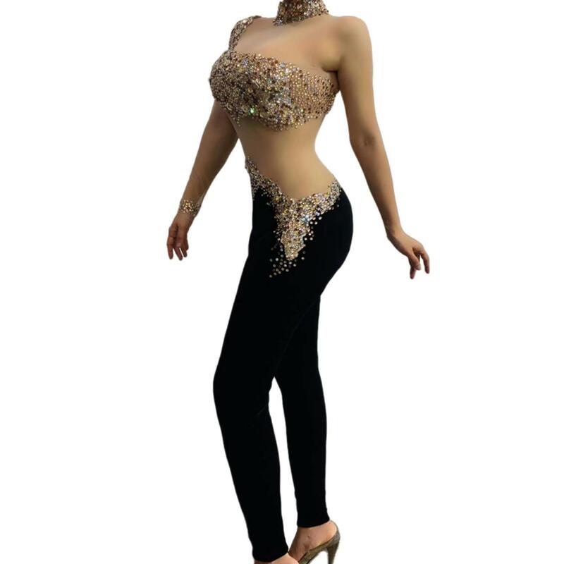 Sexy strass maglia prospettiva velluto partito tuta donna Stretch danza latina pagliaccetti discoteca Jazz body Heirongku