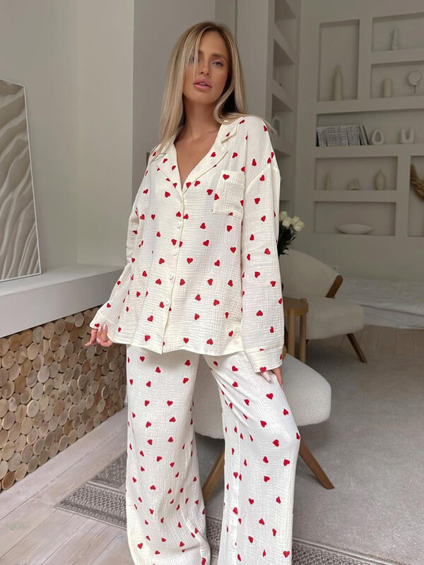 Hiloc Love Print Katoenen Pyjama Voor Dames Single-Breasted Zak Nieuw In Dames Nachtkleding Revers Met Lange Mouwen Vrouw Kleding 2023
