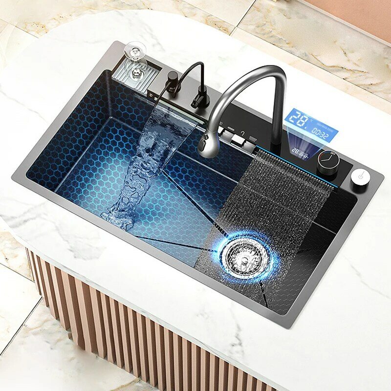 Fregadero de cocina de cascada de acero inoxidable, gran ranura única, pantalla Digital, juego de grifo, lavabo multifuncional, lavado de piscina