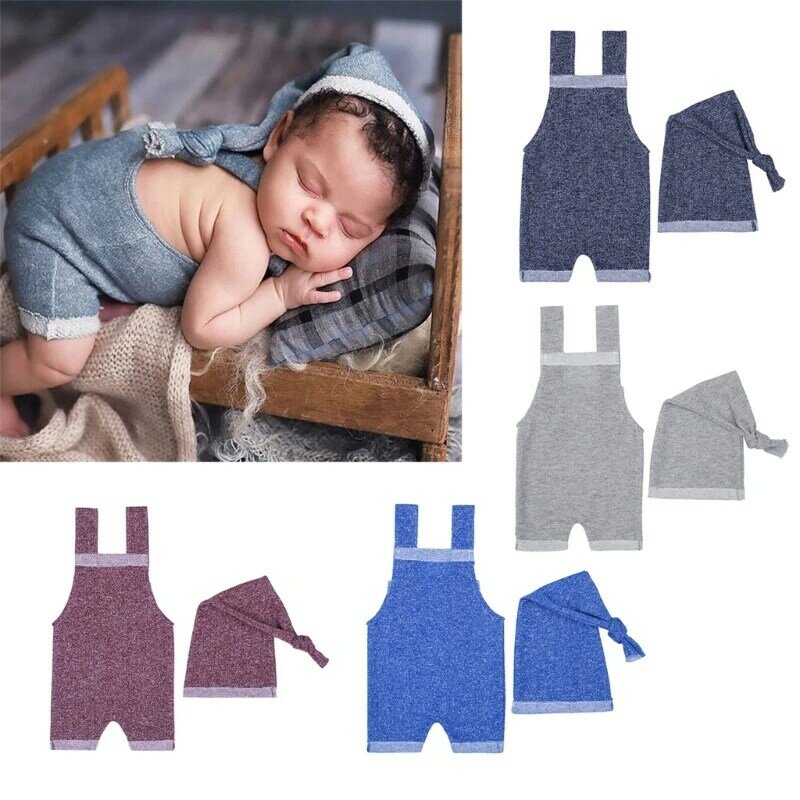 Conjunto calças com alças para recém-nascidos, 2 peças, chapéu, adereços para fotografia, gorro com nó macio e calças gerais