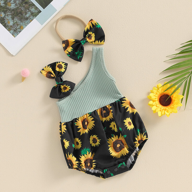 Visgogo Baby Mädchen Sommer Stram pler Sonnenblumen Print ärmellosen Overall und Stirnband Set niedlichen Mode Kleidung Outfits