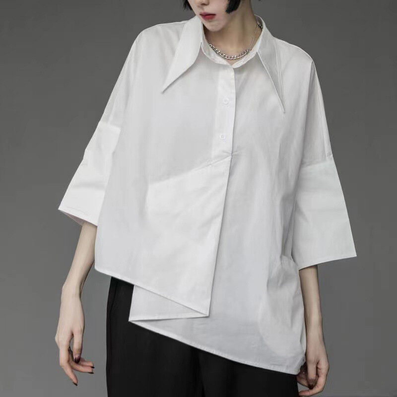 Рубашка y2k для мужчин и женщин, Свободная блуза в готическом стиле, повседневная дизайнерская рубашка оверсайз, нейтральная Асимметричная, элегантная японская мода, черный цвет, на лето