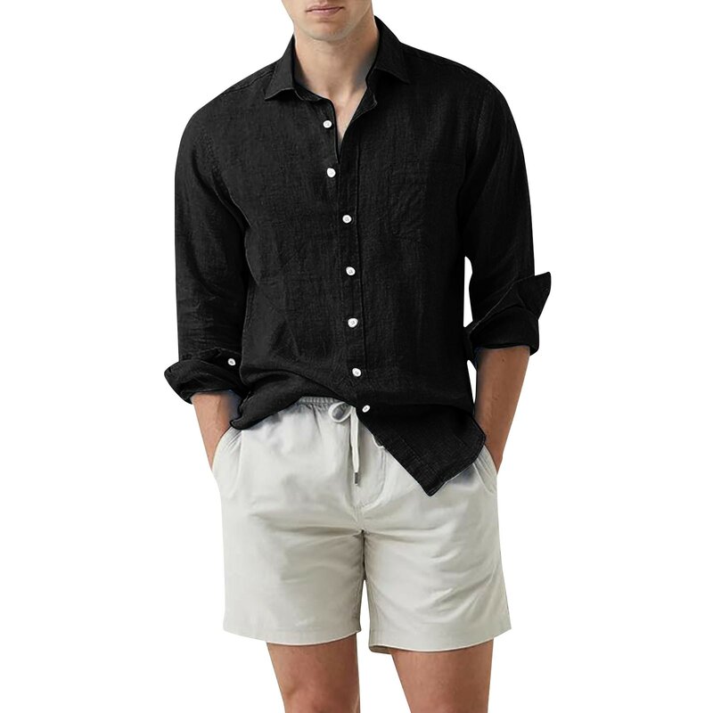 New Men's Linen Long Sleeve T-shirt Solid Color Loose Casual Shirt Long Sleeve Cotton Linen Shirt Men's Casual Fashion Shirt