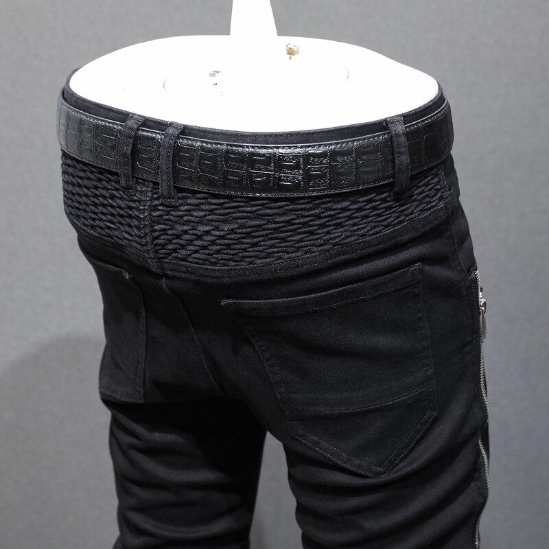 Główna ulica modne dżinsy męskie czarna elastyczna rozciągliwy chudy krój porwane jeansy męski projektant Hip Hop dżinsowy punkowe spodnie Hombre