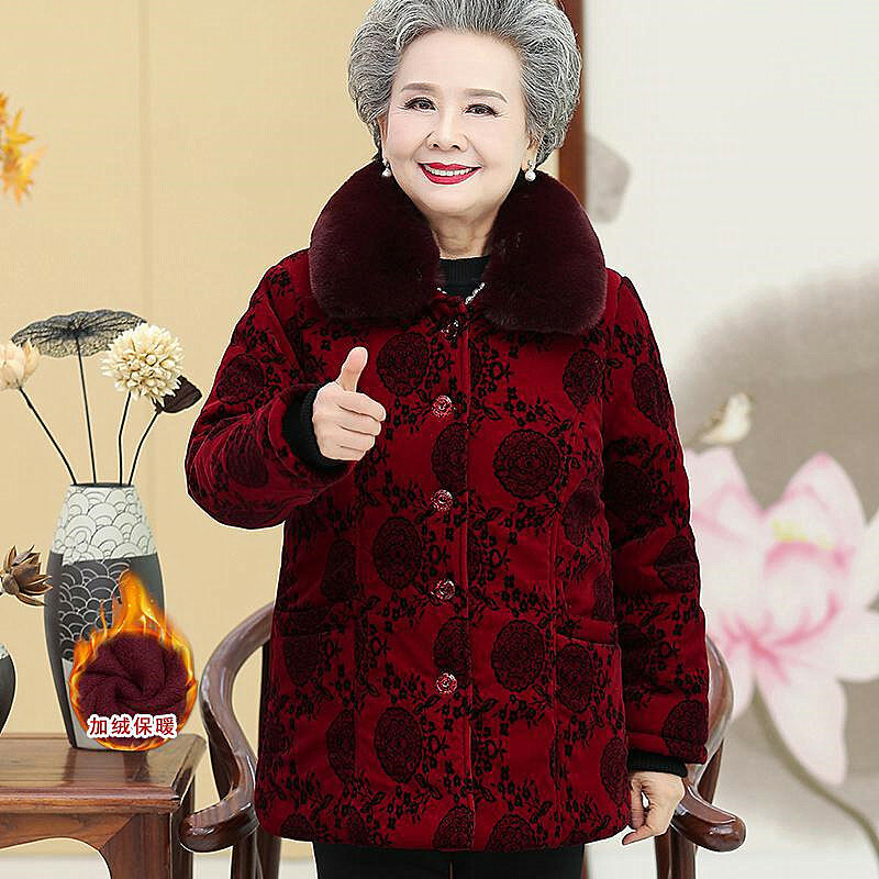 Зимняя женская одежда с меховым воротником, хлопковая куртка бабушки, плюшевое плотное пальто для мам среднего возраста, теплые куртки для женщин