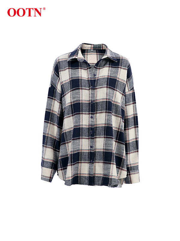 OOTN Vintage Plaid Long Sleeve Shirts Female Autumn Office Single Breasted Woman Blouse Fashion Casual Turn Down Collar Top 2024