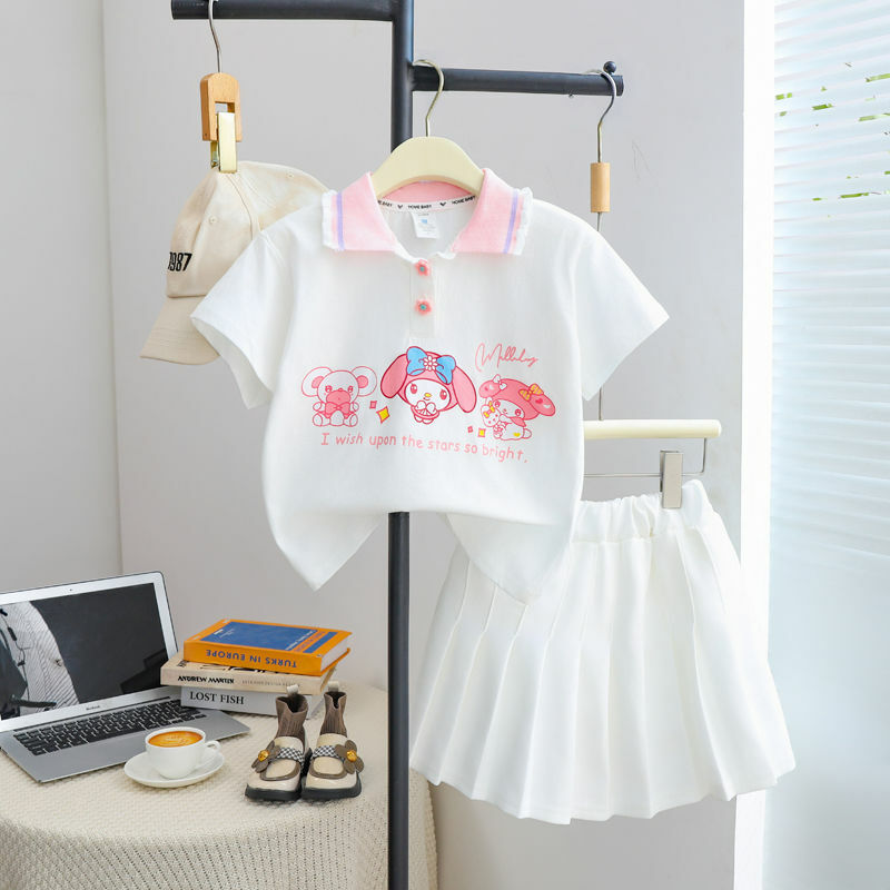 Sanrios My Melody Girls Jk Preppy Style Set Cinnamoroll Kuromi Kids Short Sleeve Pleated Skirt Two-Piece Summer Kids Clothes New