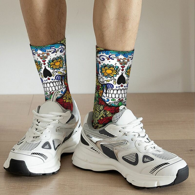Divertente calzino pazzo per uomo teschio a colori Vintage Day Of The Dead Mexico Skull Quality Pattern stampato Crew Sock novità regalo