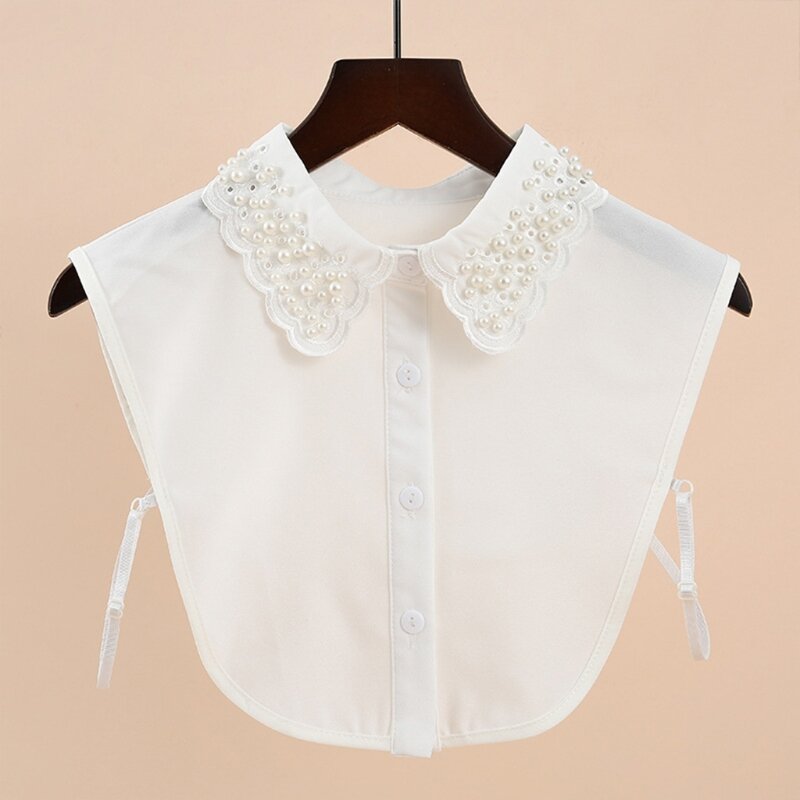 Korean Imitation Pearl Beaded Fake Collar for Women Detachable White Dickey Blouse Hollow Out Embroidery Scalloped Lapel