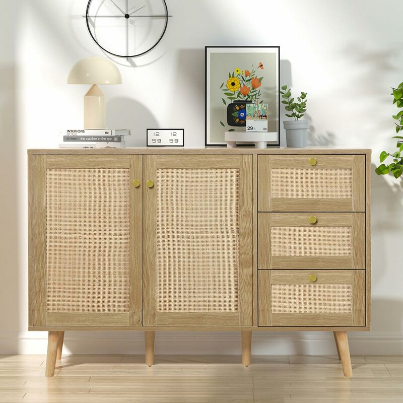 Rattan Sideboard Buffet Cabinet with 2 Doors and 3 Drawers, Buffet Cabinet with Storage Wood Credenza Storage Cabinet