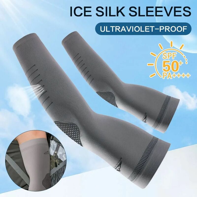 2Pcs Ice Silk Sunscreen Sleeves Elastic Sweat-absorbent Cooling Sleeves Cover Quick-drying Breathable Men's Sports Arm Guards