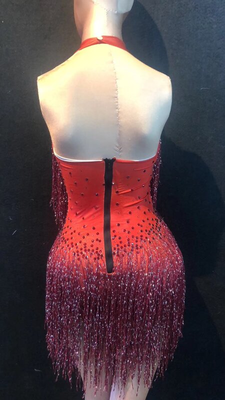 Bodysuit wanita berlian imitasi mengilap seksi rumbai merah baru pakaian panggung pesta Bar pakaian dansa kostum penampilan penyanyi wanita Dj
