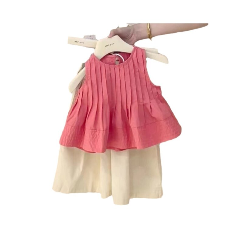 Комплект летней одежды для маленьких девочек из 2 предметов в Корейском стиле, хлопковый однотонный жилет с рюшами, наряды, широкие брюки с эластичным поясом, костюмы для маленьких девочек