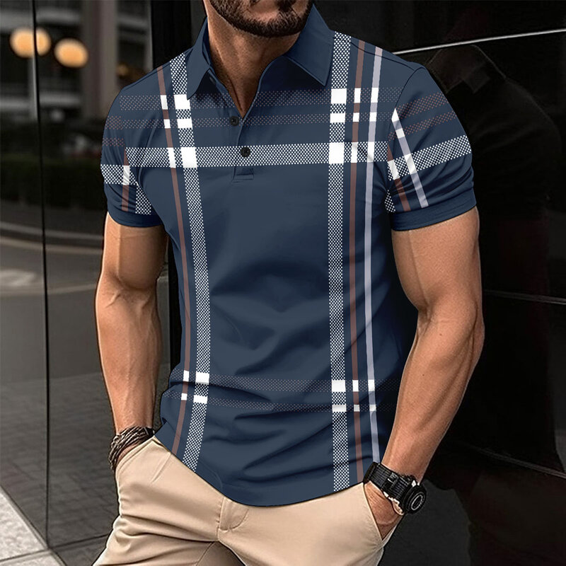 Camisa polo listrada de manga curta masculina, blusa com botões, roupa respirável, nova moda, 2024