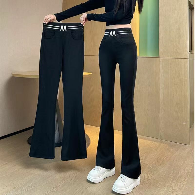 Pantalones acampanados sencillos de moda coreana para mujer, Pantalones rectos versátiles ajustados con bolsillos de retazos, cintura alta, elásticos, sólidos, novedad de verano