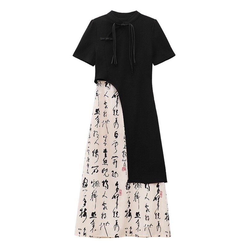 Nowy chiński styl narodowy Retro zmysł luksusowy nieregularny kaligrafia spódnica moda Cheongsam dwuczęściowy garnitur spódnica kobiety lato