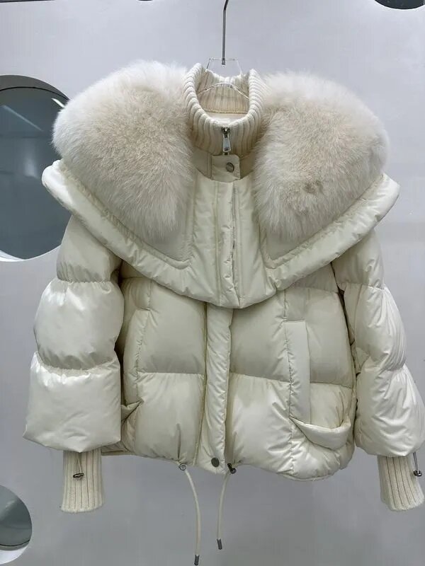 Fox jaket bulu angsa kerah bulu jaket bulu halus wanita pendek Haining mantel musim dingin 2023 baru pakaian roti wanita musim dingin parka