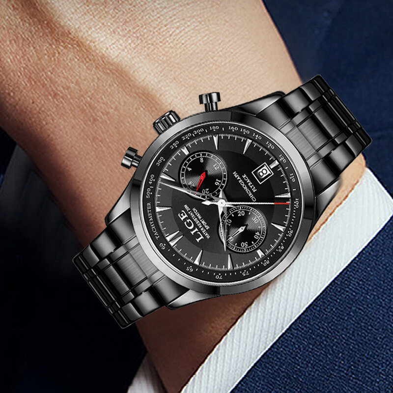 Lige-男性用ステンレス鋼クォーツ時計、高級スポーツクロノグラフ、トップブランド、ファッションウォッチ、新しい