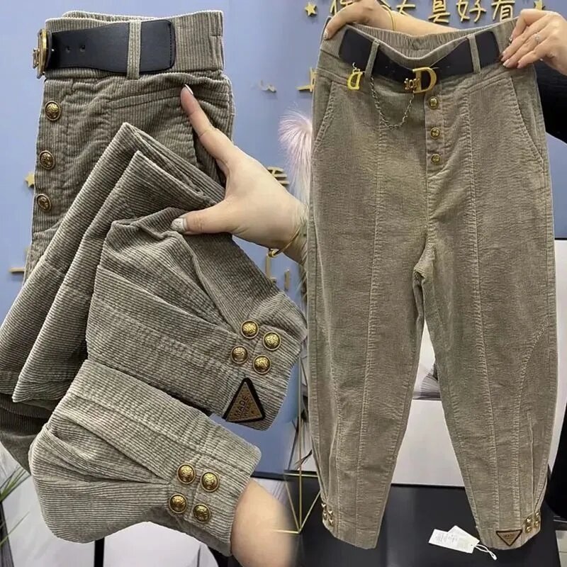 2023 jesienno-zimowa jednolita kolorowa gruba ciepła spodnie sztruksowe damska koreańska luźna na co dzień